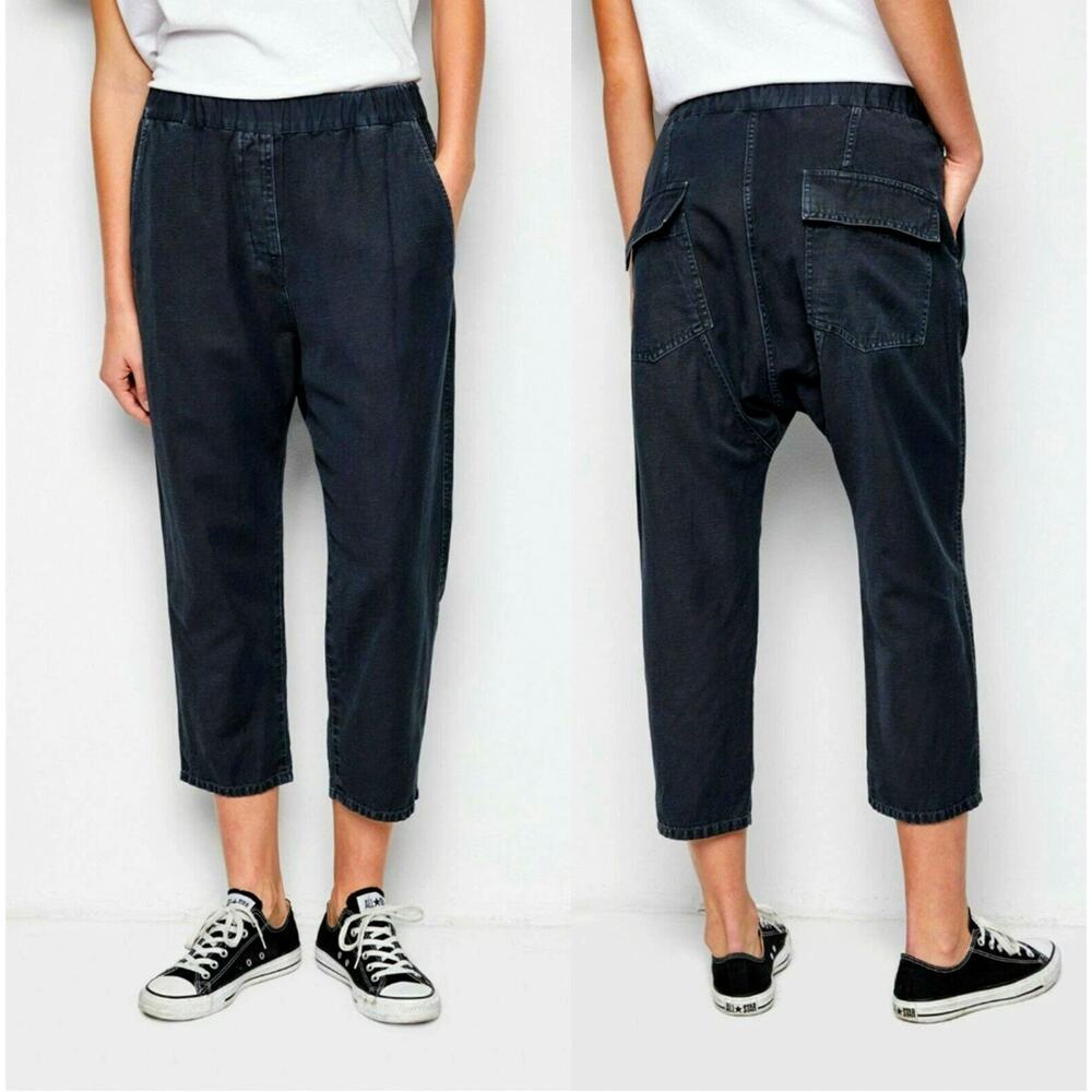 Nili Lotan S Linen Luna Pants $450 Elastic Waist Crop Drop Crotch Washed Black
